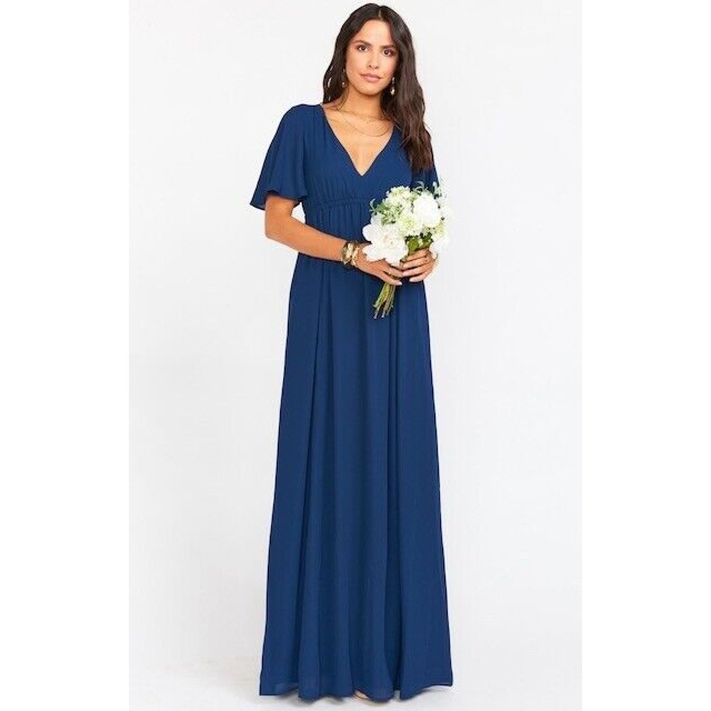 Show Me Your Mumu Emily Empire Maxi Dress V-Neck Short Sleeves Blue Size XS NWT